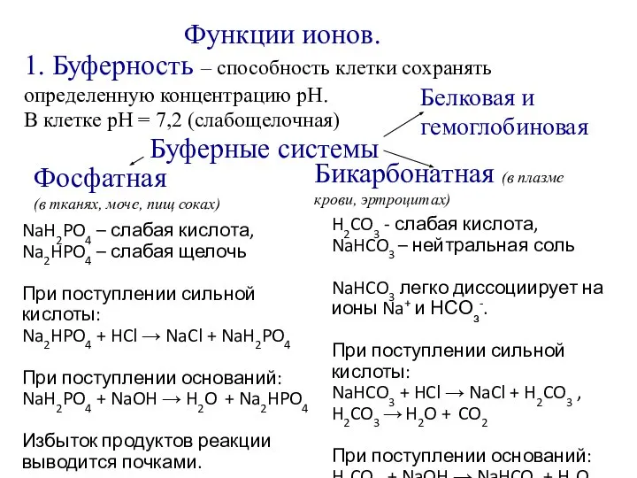 Функции ионов. 1. Буферность – способность клетки сохранять определенную концентрацию pH. В