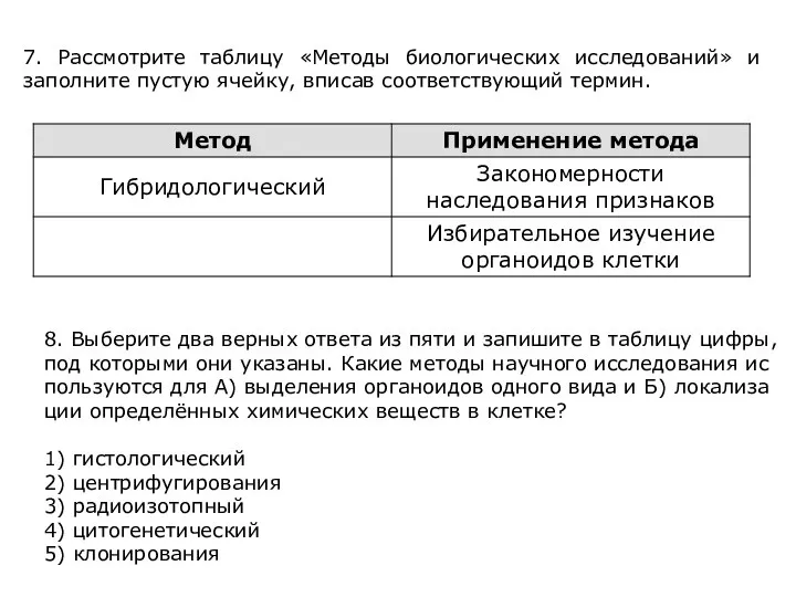 7. Рассмотрите таблицу «Методы биологических исследований» и заполните пустую ячейку, вписав соответствующий