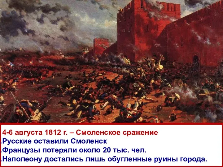 4-6 августа 1812 г. – Смоленское сражение Русские оставили Смоленск Французы потеряли