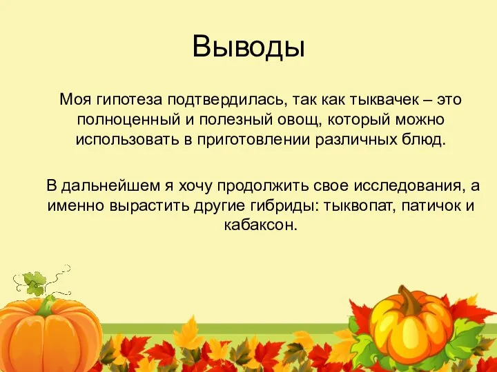 Выводы Моя гипотеза подтвердилась, так как тыквачек – это полноценный и полезный