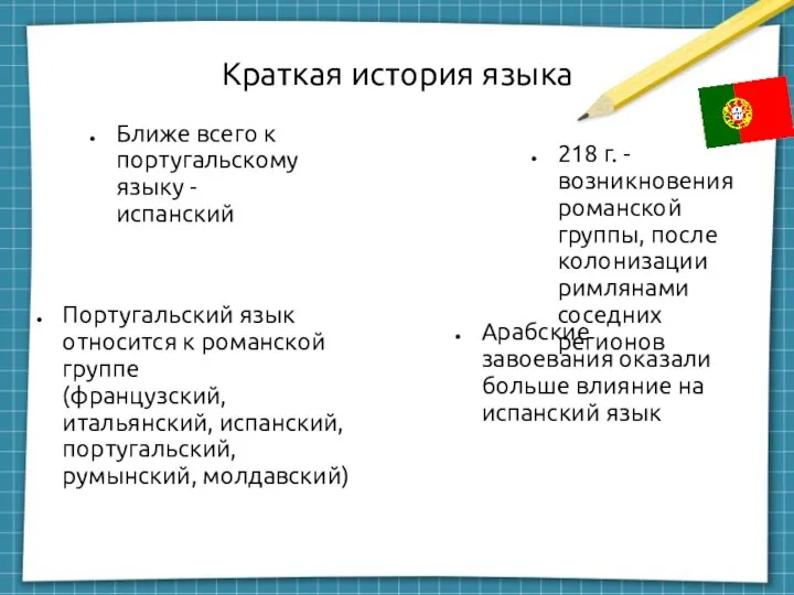 Краткая история языка Португальский язык относится к романской группе (французский, итальянский, испанский,