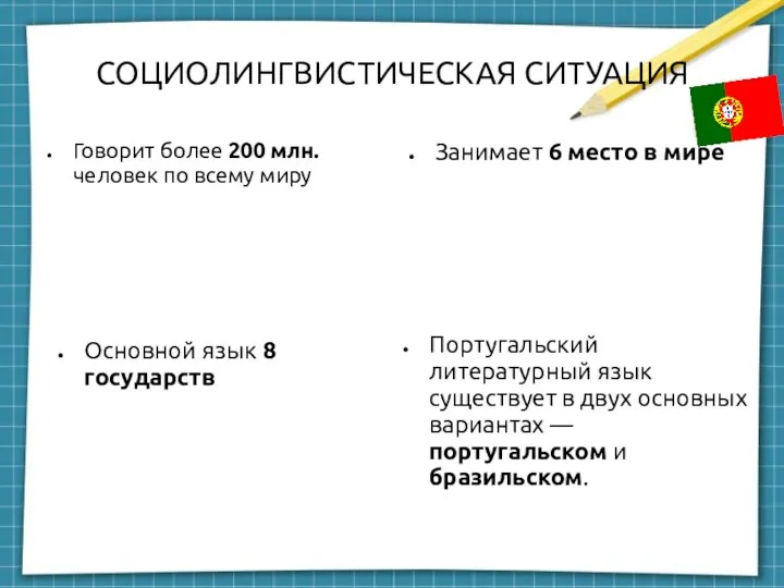 СОЦИОЛИНГВИСТИЧЕСКАЯ СИТУАЦИЯ Говорит более 200 млн. человек по всему миру Занимает 6