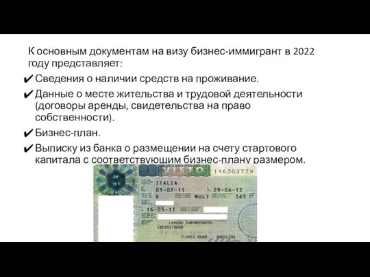 К основным документам на визу бизнес-иммигрант в 2022 году представляет: Сведения о