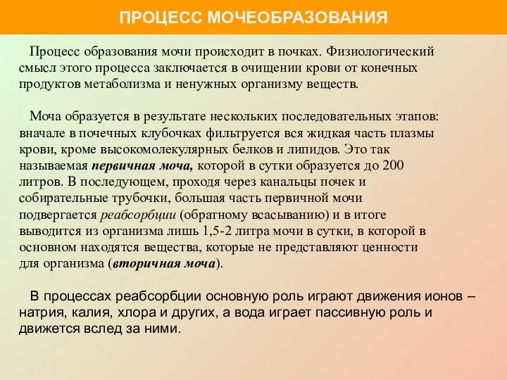 Процесс образования мочи происходит в почках. Физиологический смысл этого процесса заключается в