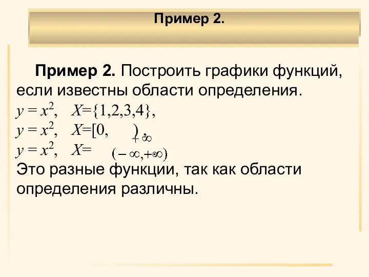 Пример 2. Построить графики функций, если известны области определения. y = x2,