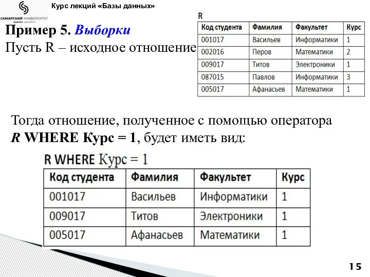 Курс лекций «Базы данных» Пример 5. Выборки Пусть R – исходное отношение.