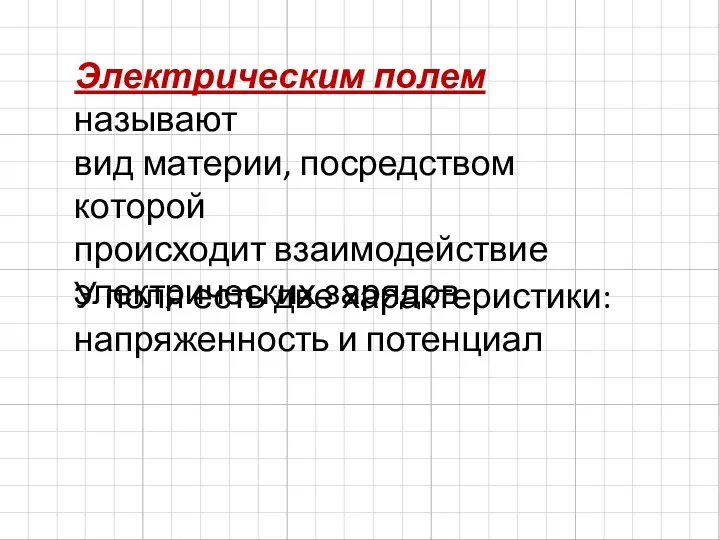 Электрическим полем называют вид материи, посредством которой происходит взаимодействие электрических зарядов У