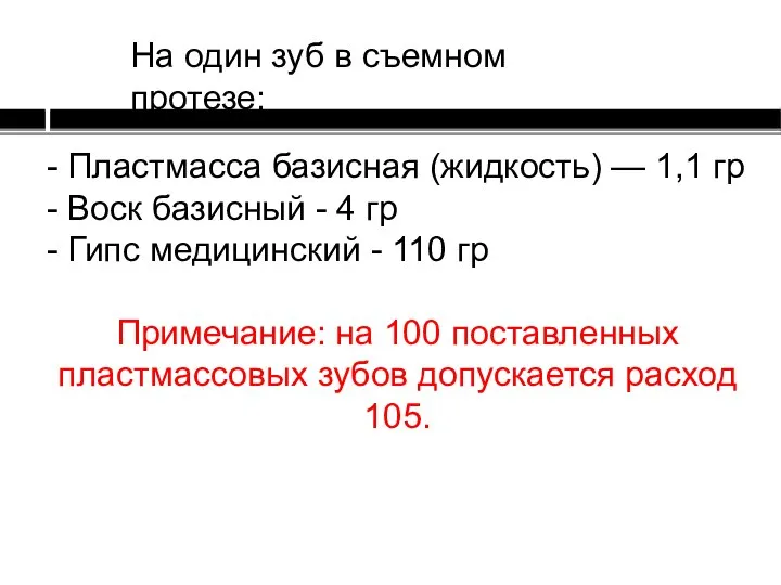 - Пластмасса базисная (жидкость) — 1,1 гр - Воск базисный - 4