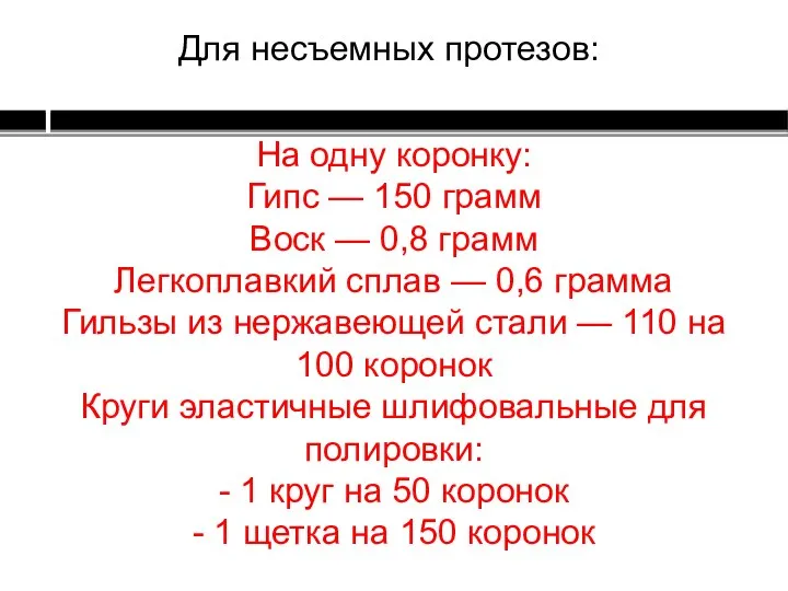 На одну коронку: Гипс — 150 грамм Воск — 0,8 грамм Легкоплавкий