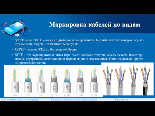 Маркировка кабелей по видам S/FTP он же SSTP – кабель с двойным