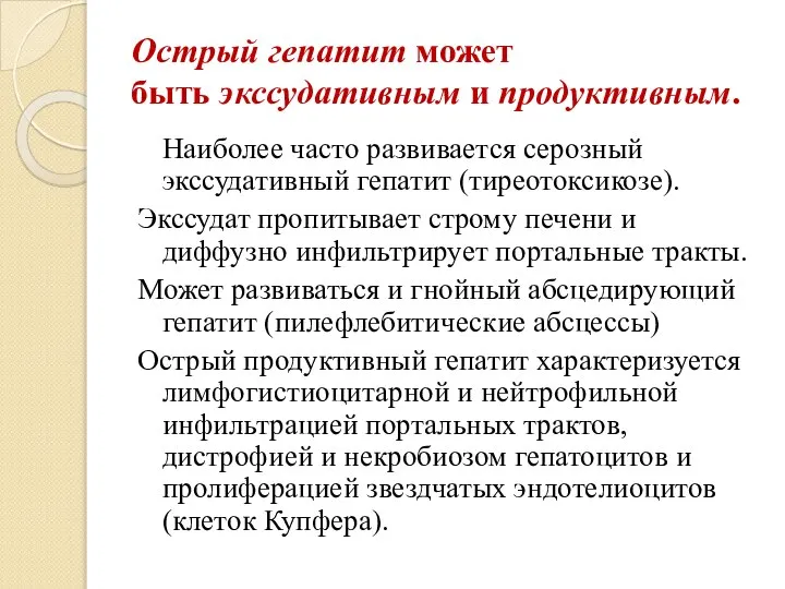 Острый гепатит может быть экссудативным и продуктивным. Наиболее часто развивается серозный экссудативный