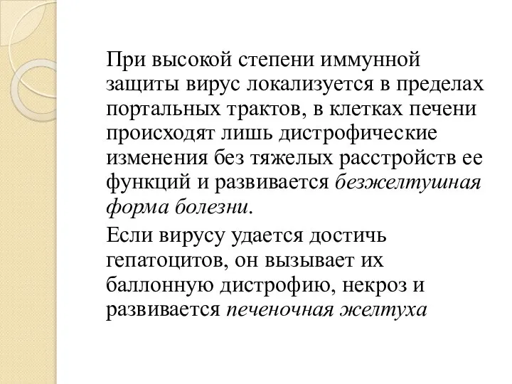 При высокой степени иммунной защиты вирус локализуется в пределах портальных трактов, в