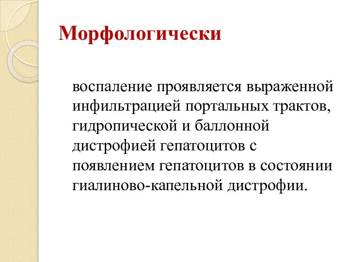 Морфологически воспаление проявляется выраженной инфильтрацией портальных трактов, гидропической и баллонной дистрофией гепатоцитов