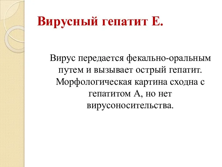 Вирусный гепатит Е. Вирус передается фекально-оральным путем и вызывает острый гепатит. Морфологическая