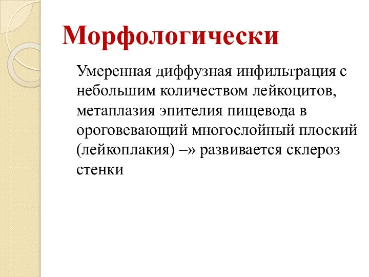 Морфологически Умеренная диффузная инфильтрация с небольшим количеством лейкоцитов, метаплазия эпителия пищевода в