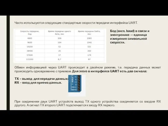 Часто используются следующие стандартные скорости передачи интерфейса UART. Обмен информацией через UART