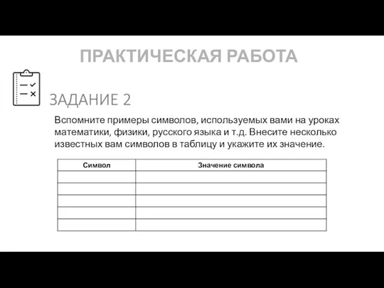 ПРАКТИЧЕСКАЯ РАБОТА Вспомните примеры символов, используемых вами на уроках математики, физики, русского