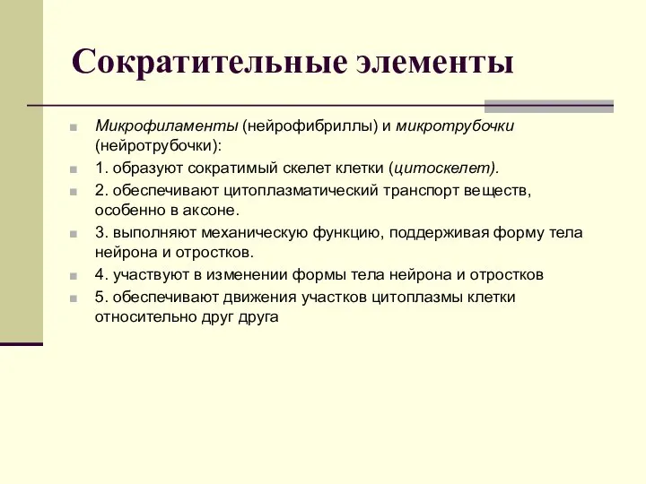 Сократительные элементы Микрофиламенты (нейрофибриллы) и микротрубочки (нейротрубочки): 1. образуют сократимый скелет клетки