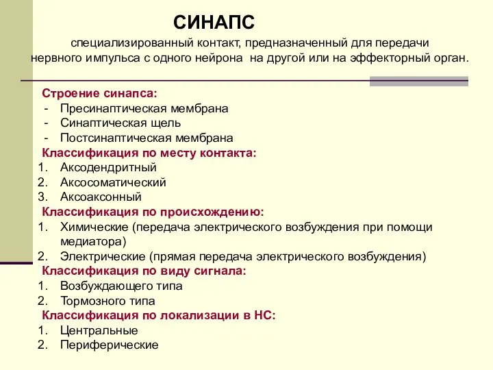 СИНАПС Строение синапса: Пресинаптическая мембрана Синаптическая щель Постсинаптическая мембрана Классификация по месту