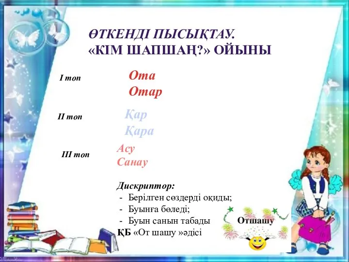 ӨТКЕНДІ ПЫСЫҚТАУ. «КІМ ШАПШАҢ?» ОЙЫНЫ I топ II топ III топ Ота