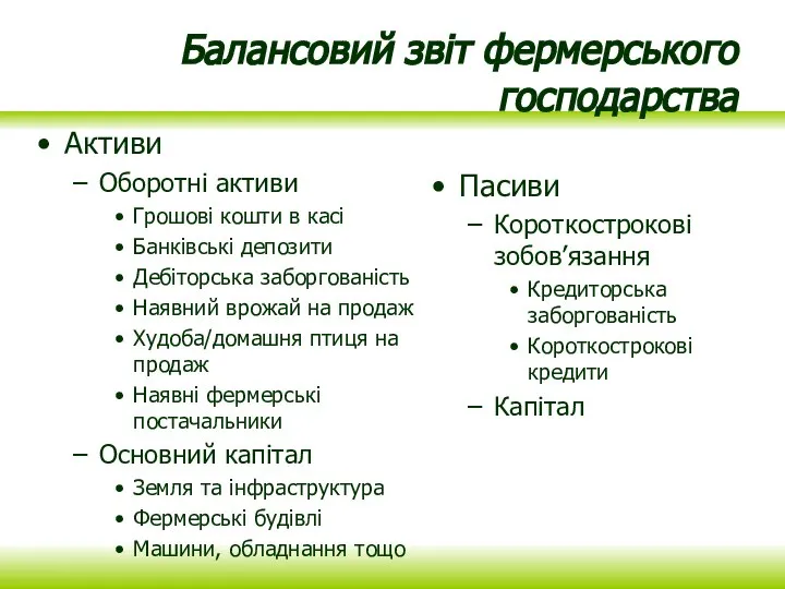 Балансовий звіт фермерського господарства Активи Оборотні активи Грошові кошти в касі Банківські