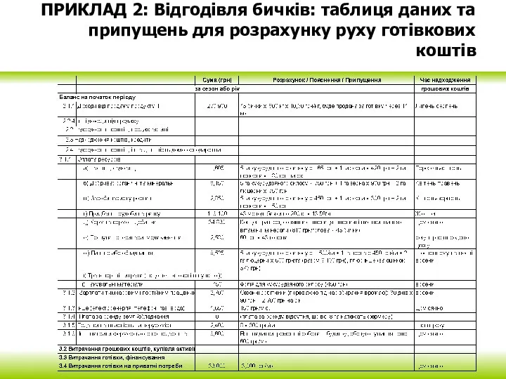 ПРИКЛАД 2: Відгодівля бичків: таблиця даних та припущень для розрахунку руху готівкових коштів