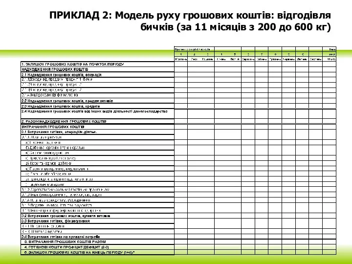 ПРИКЛАД 2: Модель руху грошових коштів: відгодівля бичків (за 11 місяців з 200 до 600 кг)