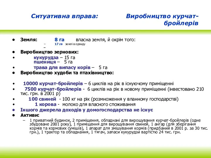 Ситуативна вправа: Виробництво курчат-бройлерів Земля: 8 га власна земля, й окрім того: