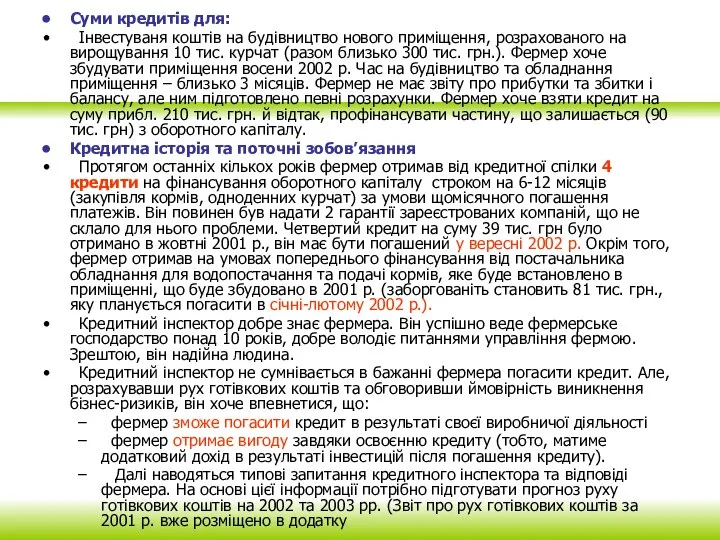 Суми кредитів для: Інвестуваня коштів на будівництво нового приміщення, розрахованого на вирощування