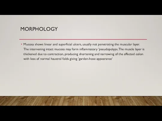 MORPHOLOGY Mucosa shows linear and superficial ulcers, usually not penetrating the muscular