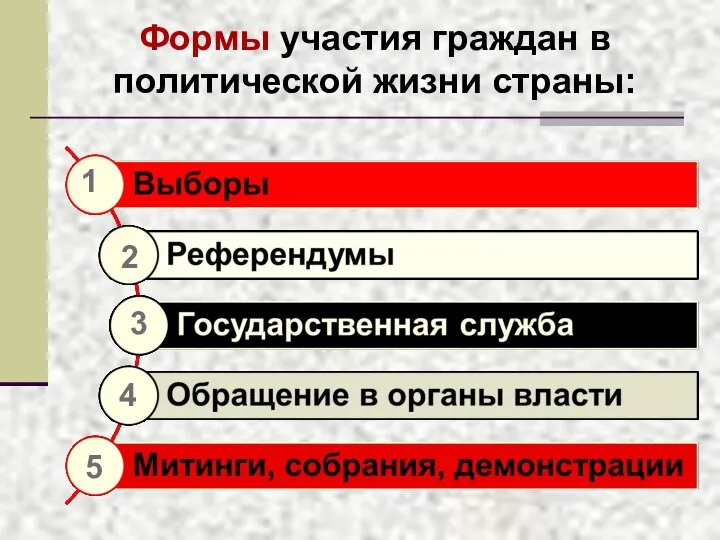 Формы участия граждан в политической жизни страны: 1 4 3 2 5