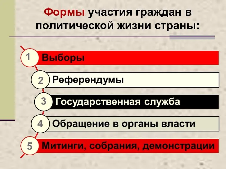 Формы участия граждан в политической жизни страны: 1 4 3 2 5