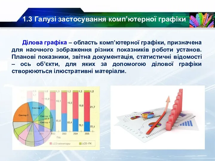 1.3 Галузі застосування комп’ютерної графіки Ділова графіка – область комп’ютерної графіки, призначена