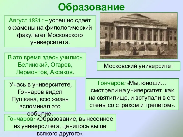 Образование Август 1831г – успешно сдаёт экзамены на филологический факультет Московского университета.