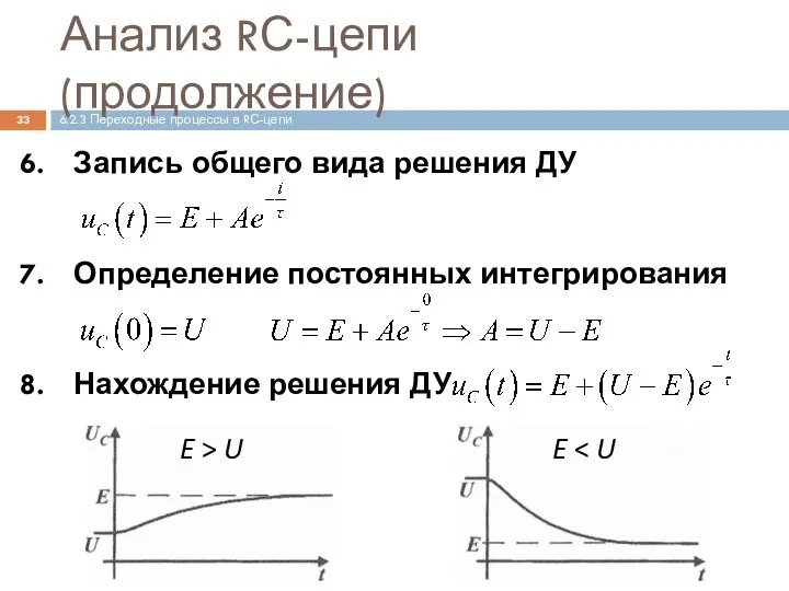 Анализ RС-цепи (продолжение) Запись общего вида решения ДУ Определение постоянных интегрирования Нахождение