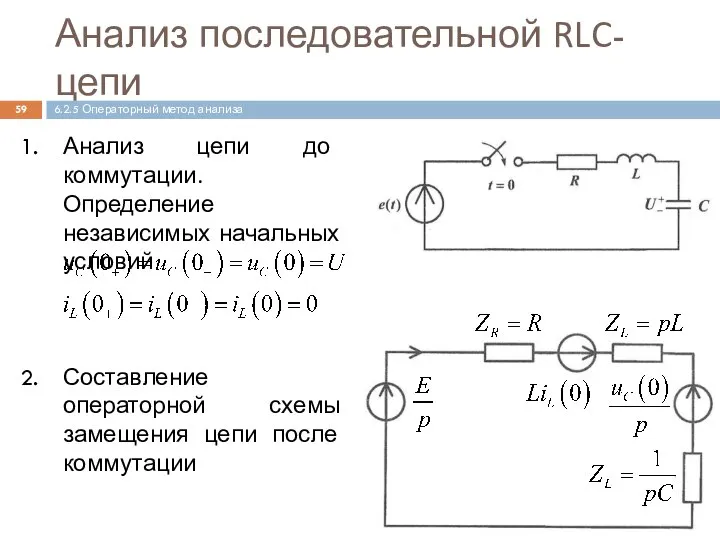 Анализ последовательной RLC-цепи Анализ цепи до коммутации. Определение независимых начальных условий Составление