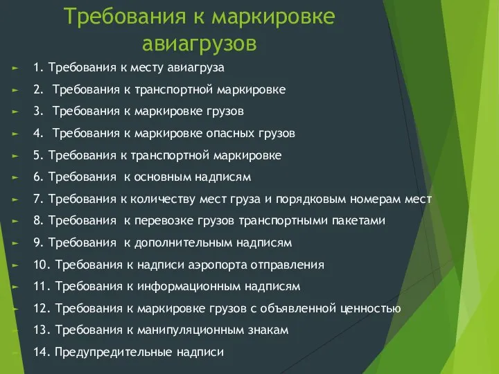 Требования к маркировке авиагрузов 1. Требования к месту авиагруза 2. Требования к