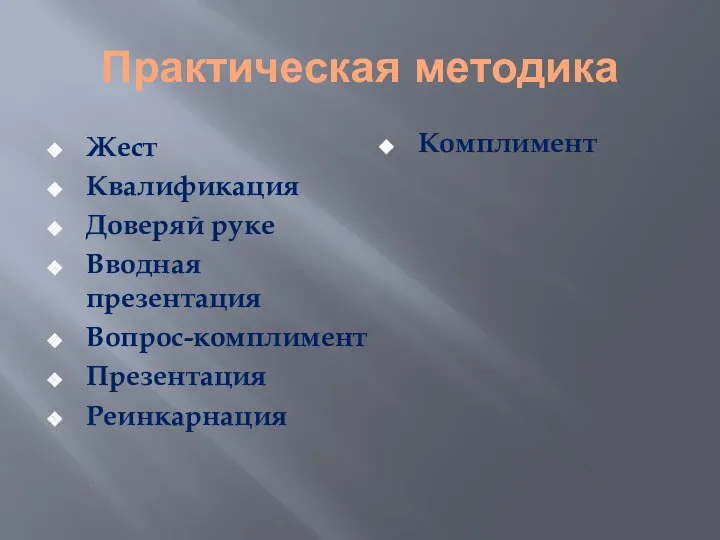 Практическая методика Жест Квалификация Доверяй руке Вводная презентация Вопрос-комплимент Презентация Реинкарнация Комплимент