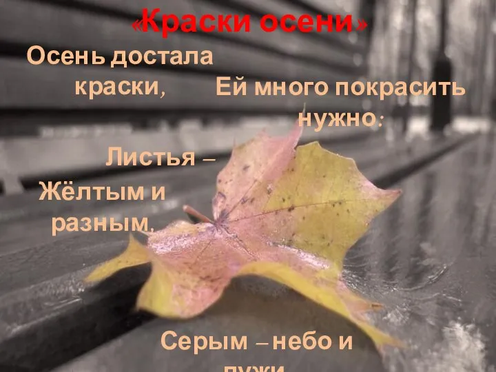 «Краски осени» Осень достала краски, Ей много покрасить нужно: Листья – Серым