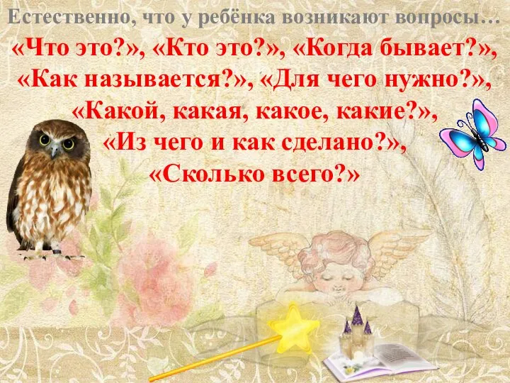 «Что это?», «Кто это?», «Когда бывает?», «Как называется?», «Для чего нужно?», «Какой,