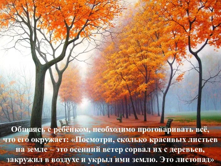 Общаясь с ребёнком, необходимо проговаривать всё, что его окружает: «Посмотри, сколько красивых