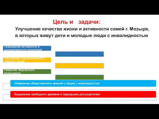 Цель и задачи: Улучшение качества жизни и активности семей г. Мозыря, в