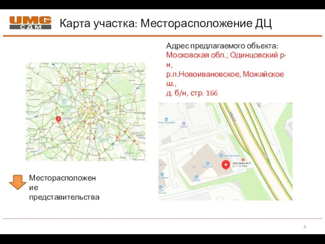 Карта участка: Месторасположение ДЦ Месторасположение представительства Адрес предлагаемого объекта: Московская обл., Одинцовский