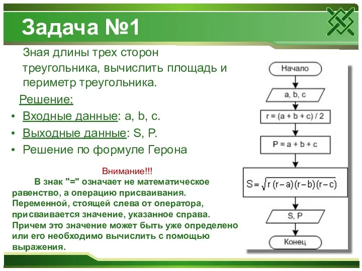 Задача №1 Зная длины трех сторон треугольника, вычислить площадь и периметр треугольника.