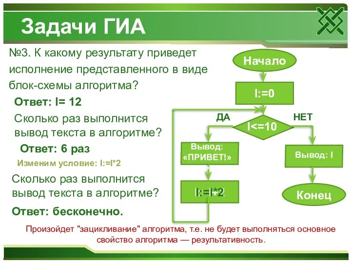 Задачи ГИА №3. К какому результату приведет исполнение представленного в виде блок-схемы