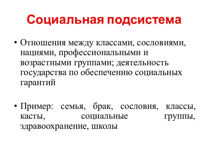 Социальная подсистема Отношения между классами, сословиями, нациями, профессиональными и возрастными группами; деятельность