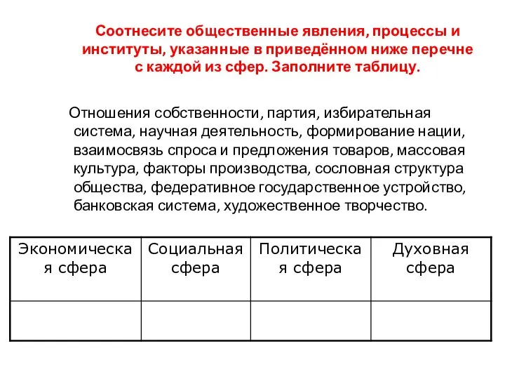 Соотнесите общественные явления, процессы и институты, указанные в приведённом ниже перечне с