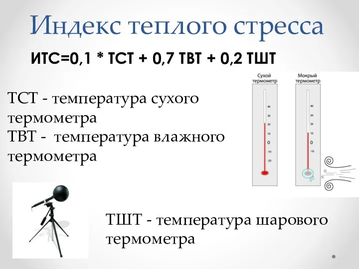 Индекс теплого стресса ИТС=0,1 * ТСТ + 0,7 ТВТ + 0,2 ТШТ