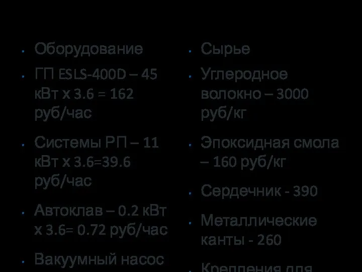 Оборудование ГП ESLS-400D – 45 кВт х 3.6 = 162 руб/час Системы