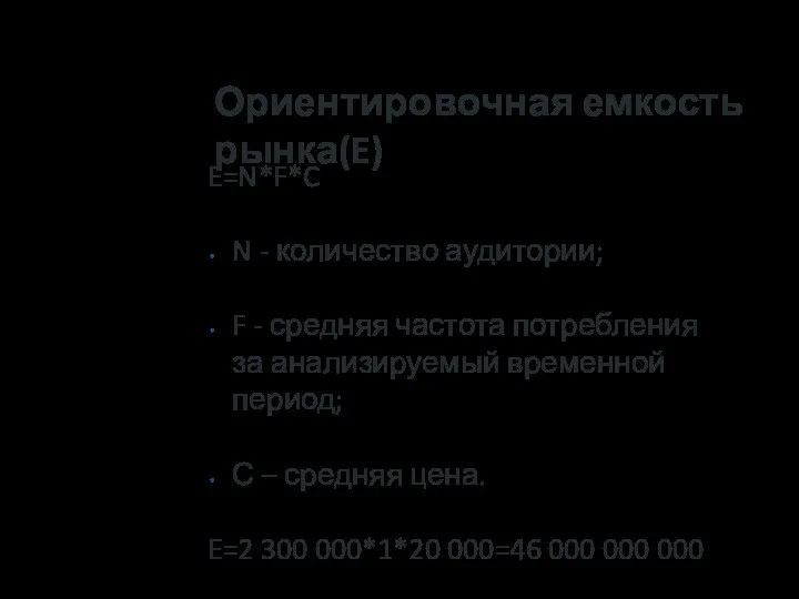 Ориентировочная емкость рынка(E) E=N*F*C N - количество аудитории; F - средняя частота